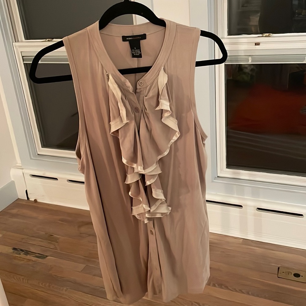 BCBG Max Azria, circa 2010. Slinky blouse with tuxedo shirt style ruffles.